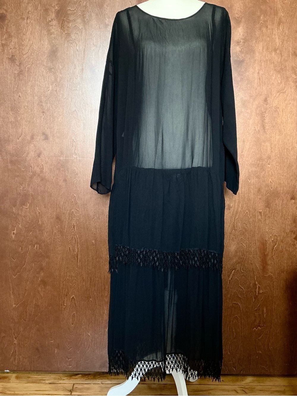 Vintage Black Sheer Flowy Maxi Dress Lace Hem Tiered Loose Fit Fairy Whimsigoth